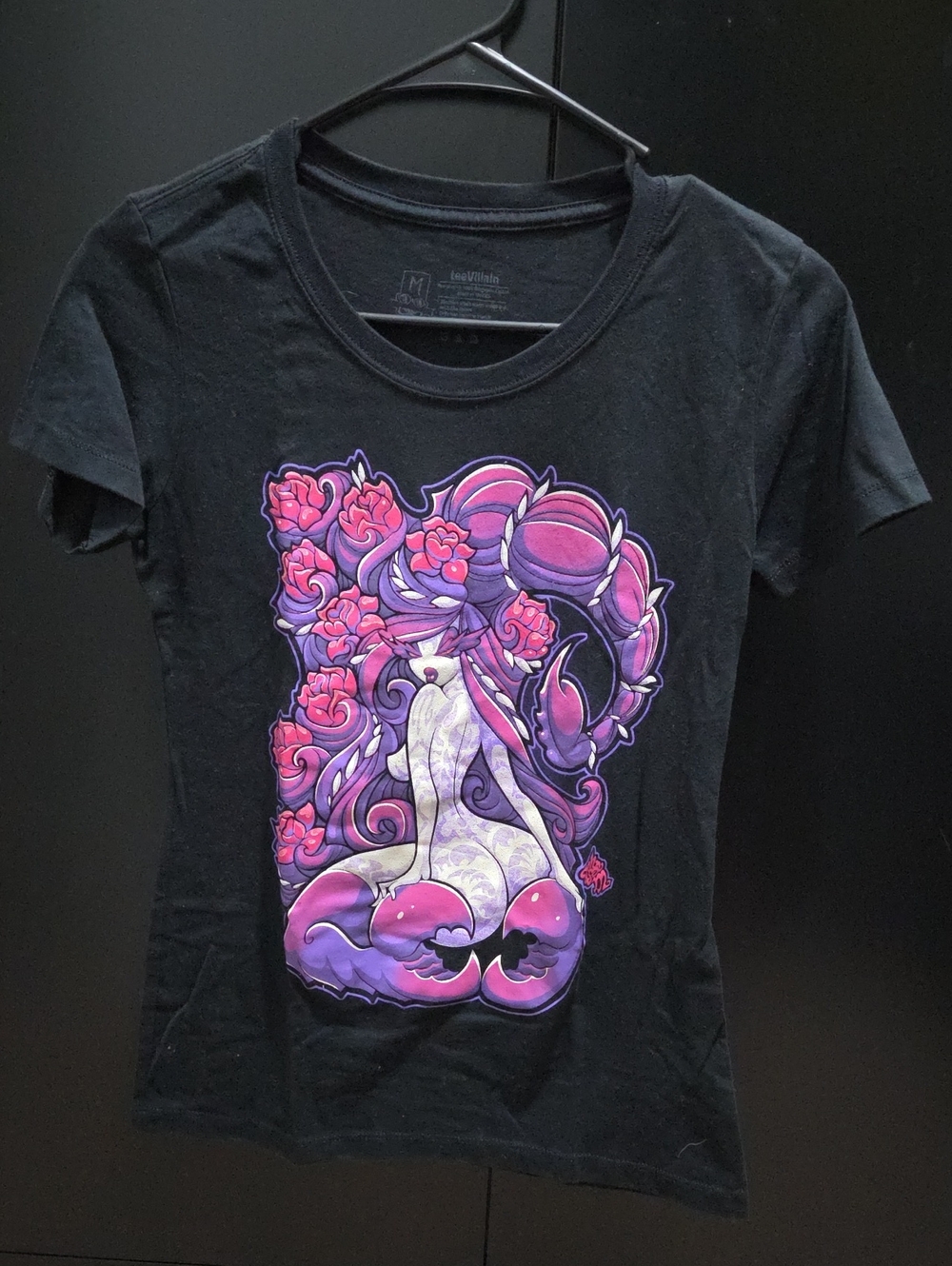 Black Women’s Graphic Tee with Pink & Purple Floral Scorpion Design